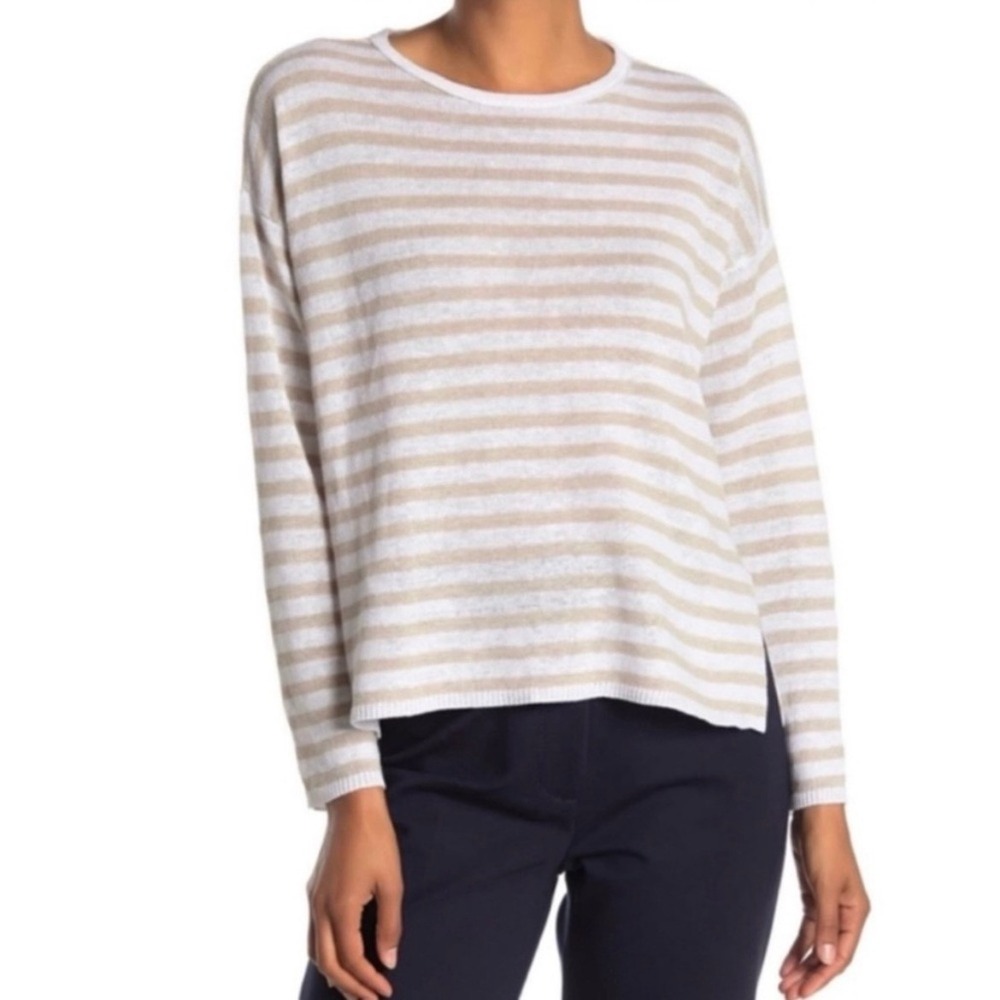 Eileen Fisher 100% Organic Linen Striped Sweater 1X Beige White Boxy Lagenlook
